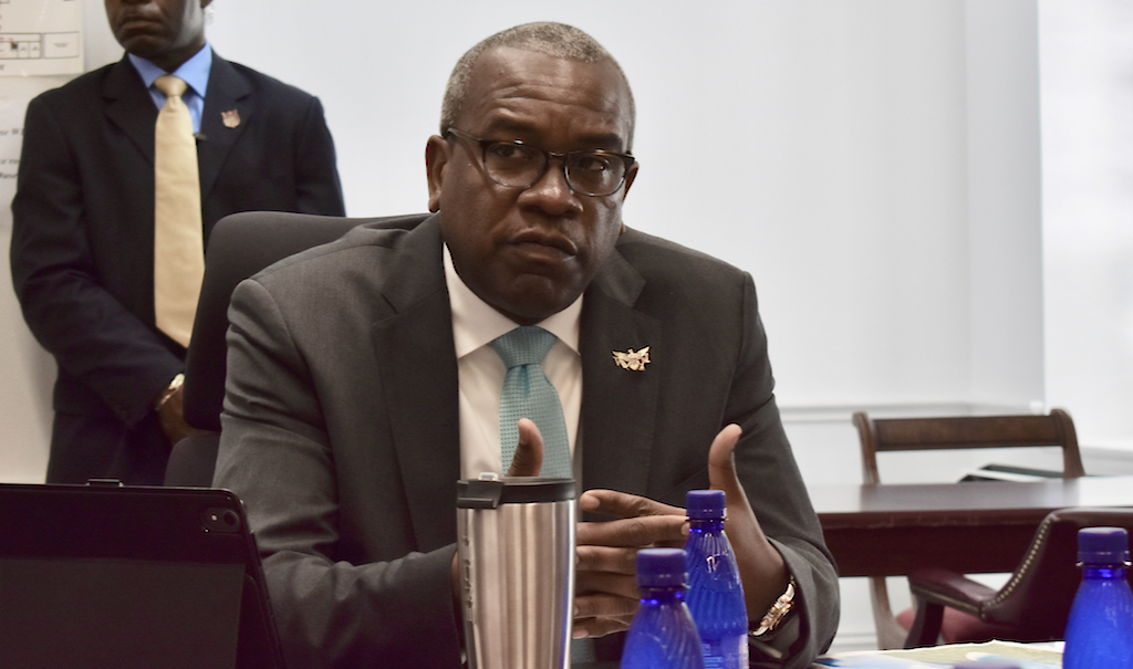 Gov. Albert Bryan responds to news media questions on his administration’s budget for Fiscal Year 2020 during a Pen and Pad conference Friday at Government House. (Wyndi Ambrose photo)