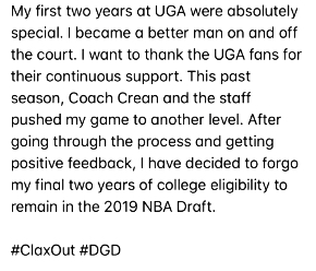 On May 28 Claxton tweeted this message announcing his eligibility for the 2019 NBA Draft.