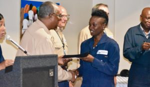 Raevah Matthew receives her Basic Operator's certificate during a brief ceremony at Limetree. (Source photo by Wyndi Ambrose)