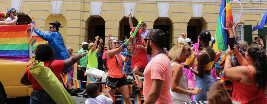 A crowd of all ages greets the St. Croix Pride Parade with eaves and cheers in celebration of diversity in front of Government House in Christiansted. (Linda Morland photo) 