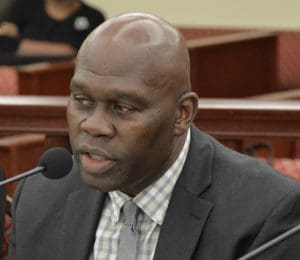 Moleto Smith, representing St. Thomas East End Medical Center, told senators his agency should receive a slice of the reimbursement funds. (Photo by Barry Leerdam, Legislature of the Virgin Islands)