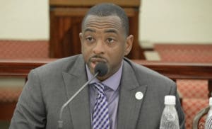 Sports, Pars and Recreation Commissioner nominee Calvert White addresses senators' comments. (Photo by Barry Leerdam for the V.I. Legislature)