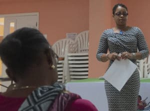 The St. Croix Long Term Recovery Group’s Delia Richardson, leads a town hall meeting Monday. (Source photo by Susan Ellis)