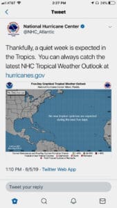 A tweet from the National Hurricane Center says no activity is expected for the next five days.