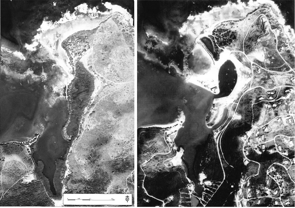 Aerial photos show – Left: Salt River Bay National Historical Park and Ecological Preserve in the 1950s, left, and – Right: The Salt River Bay Park after surveying and construction in the 1970s. (National Park Service photos)