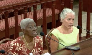 Ophelia Torres and Tamara Bowers speak to the Senate, which appointed them to the Nurse Licensure Board on Monday. (V.I. Legislature photo)