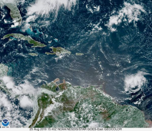 Satellite photo shows Tropical Storm Dorian, lower right, advancing towards the Windward Islands. (NOAA photo)