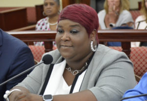 Chairwoman of the GESC Health Insurance Board of Trustees Beverly Joseph testifies before the Committee of the Whole Thursday. (Photo by Barry Leerdam for the USVI Legislature)