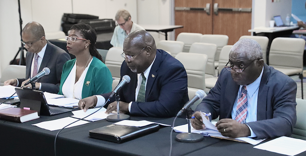 From left, Gary Halyard, Nesha Christian-Hendrickson, Gary Molloy, commissioner, and Elston George provide testimony to the senate about Department of Labor matters. (Photo by Barry Leerdam for the V.I. Legislature)