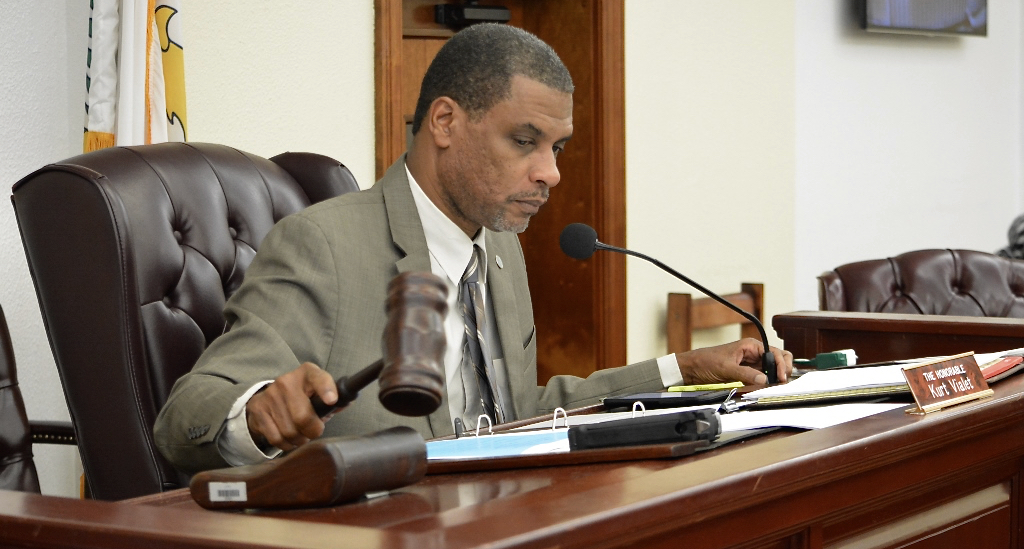 Sen. Kurt Vialet chairs the Senate Finance Committee hearing Thursday. (Photo by Barry Leerdam for the USVI Legislature)