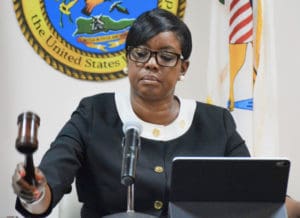 Sen. Alicia Barnes chairs the hearing at which the bill honoring veterans was advanced.. (Photo by Alvin Burke for the USVI Legislature)