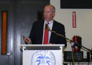 Alpine Energy President James Beach talks about the trash-to-energy project to a crowd in 2010 at UVI's Great Hall on the St. Croix campus. (Source file photo by John Baur)