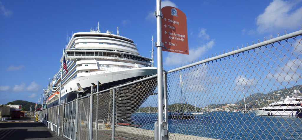 A cruise ship is tied up at the WICO dock in St. Thomas.. (Source photo by Dave MacVean)