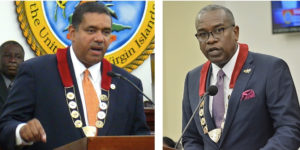 Gov. John deJongh delivers the 2011 State of the Territory address wearing the symbol of the governor, and Gov. Albert Bryan wears it during his speech Monday. (Source file photos)