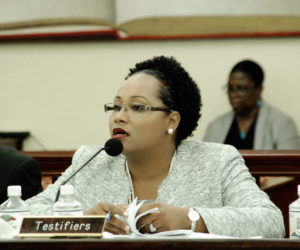 Education Commissioner Racquel Berry-Benjamin testifies during Tuesday’s Senate Committee on Education and Workforce Development meeting. (V.I. Leguslature photo)