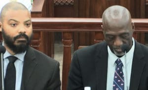 Quincy McRae, left, and Celvin Walwyn, officials at the V.I. Police Department, testify at a Senate committee hearing Monday. (V.I. Legislature photo)