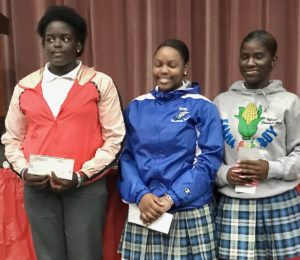 From Left, first-place winner Kayniah Florence, second place Abigail Valery, and third place winner Jaliyah Clarke. Source photo by Elisa McKay)