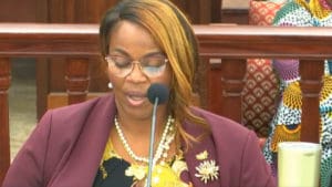 Winnie Testamark, director of the Bureau of Corrections, testifies before a Senate committee Thursday. (V.I. Legislature photo)