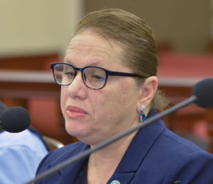 V.I. Department of Health Commissioner Justa Encarnacion testifies during Thursday’s Health, Hospitals, and Human Services Committee hearing. (Photo by Chaunte Herbert for the V.I. Legislature)