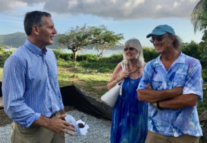 Mark Snider chats with Susan and David Silverman at Lovango Cay during a pre-opening tour in February. (Source photo by Amy H. Roberts)