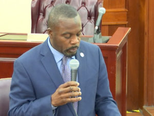 Sen. Marvin Blyden’s motion to allow senators to attend the session remotely failed to get a second. (Image from V.I. Legislature video stream)
