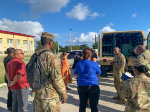 The Virgin Islands National Guard greets participants to a tour of the 210th Regional Training Institute, which might be used to support the territory's efforts against the new coronavirus and COVID19. anticipates requests from the Department of Defense for the utilization of VING federal facilities to support local COVID19 requirements. (Photo by Capt. Marcia Bruno)
