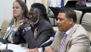 From left, Bethany Bradford, the state veterinarian for the Department of Agriculture, Agriculture Commissioner Positive Nelson, and DPNR Commissioner Jean-Pierre Oriol testify at Monday’s hearing. (V.I. Legislature photo)