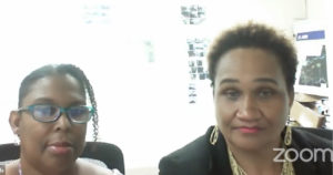 Chaneel Callwood Daniels, left, and Dionne Wells-Hedrington discuss plans during a Facebook Live town hall. Screenshot.