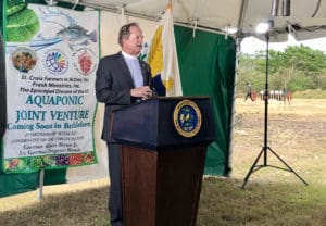 The Rev. Robert V. Lee III of Fresh Ministries speaks Saturday at the aquaponics groundbreaking at Estate Bethlehem. (Source photo by Susan Ellis)