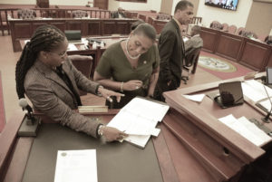 Sens. Janelle Serauw, Donna Frett-Gregory and Kurt Vialet during Friday's meeting. (Photo by Barry Leerdam, Legislature of the U.S. Virgin Islands)