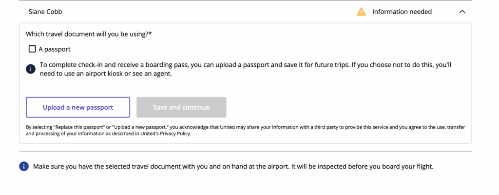 United Airlines requires residents of the U.S. Virgin Islands to upload their passports before they can proceed to check in for flights to the U.S. mainland. There is no option to upload any other form of identification. (Screenshot from United Airlines website)