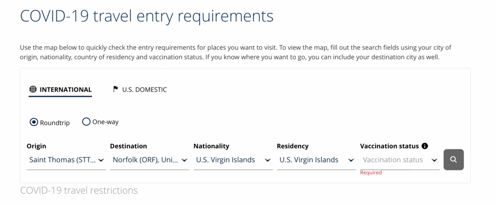 A page from the United Airlines website, indicating residents of the U.S. Virgin Islands are “international” visitors and are required to declare their COVID-19 vaccination status in order to enter the U.S. mainland. (Screenshot from United Airlines website)