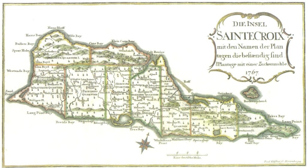 This map gives a clear view of the mountainous northwest of St. Croix. Paul Kiissner, “Die Insel Sainte Croix mit den Namen der Plantagen die bestaendig sind”,1767 ( source: Royal Danish library, http://www5.kb.dk/maps/kortsa/2012/jul/kortatlas/object6543/en)
