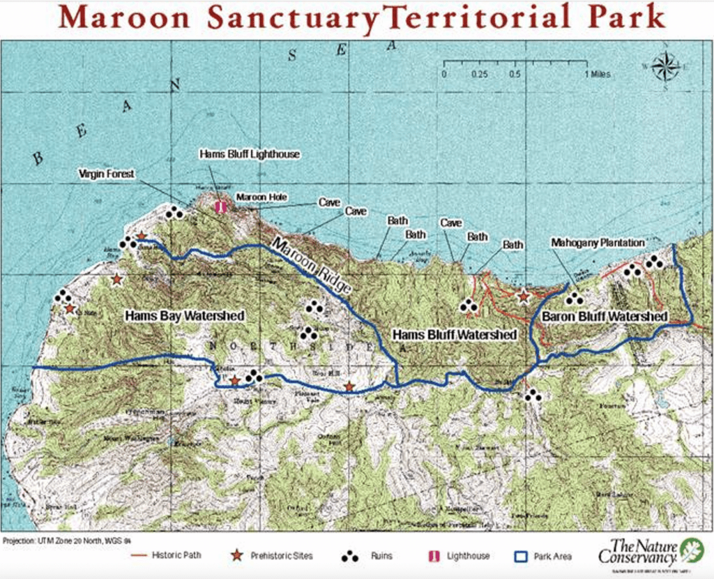 Maroon Ridge, part of Ham’s Bay watershed, Ham’s Bluff watershed, and part of the Baron Bluff watershed should encompass the park. (Map courtesy of the Nature Conservancy)