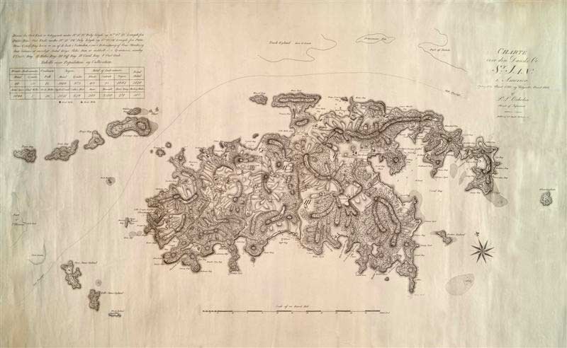 The historic Oxholm map of St. John, 1788-1780, a mountainous island of 20 square miles. (Image courtesy of Olasee Davis)