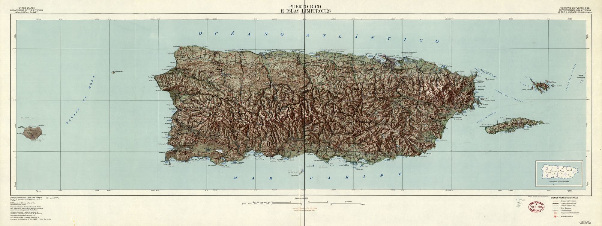 A topographic map of the islands of Vieques and Puerto Rico. Vieques lies about 7 miles off the east of Puerto Rico. (Image courtesy of Olasee Davis)