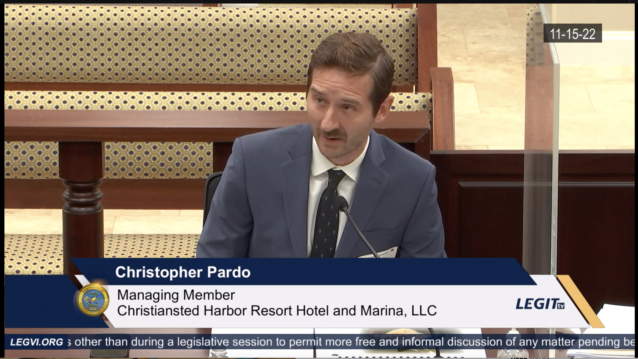 Christopher Pardo, managing member of Christiansted Harbor Resort Hotel and Marina, LLC, testifies before the Senate on Tuesday. (Screenshot from livestream)