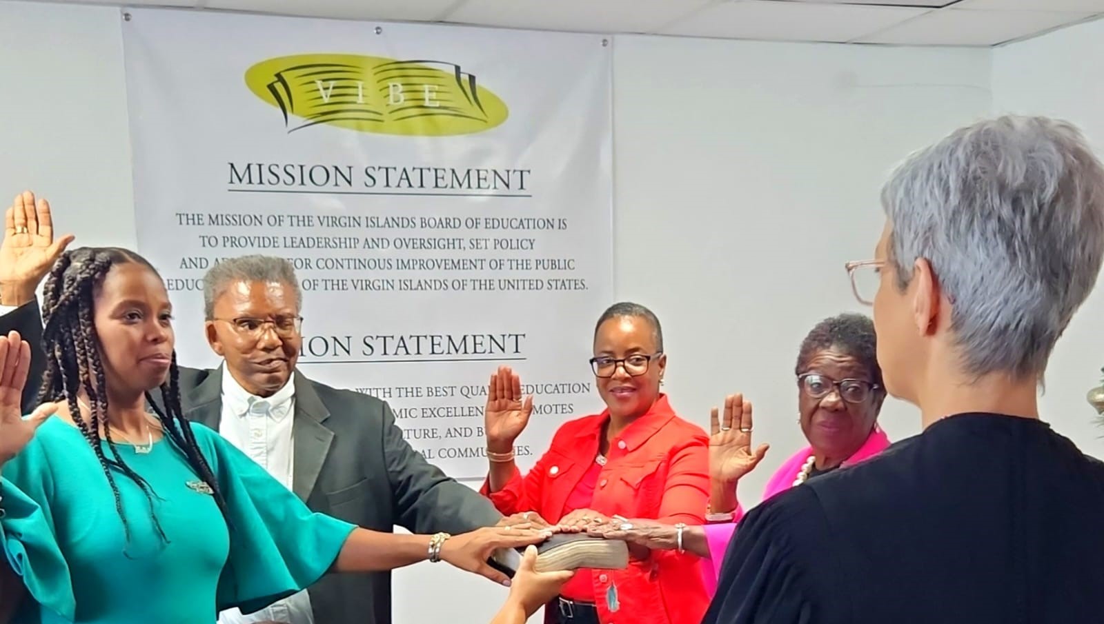 Superior Court Magistrate Judge Jessica Gallivan administered the oath of office for the St. Croix district members: Winona A. Hendricks, Terrence T. Joseph, Emmanuella Perez-Cassius, and Shawna K. Richards. (Photo courtesy Board of Education)