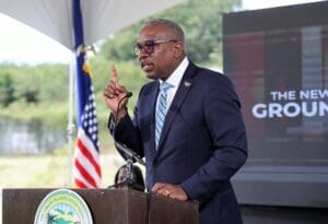 Gov. Albert Bryan Jr. speaks at Thursday's groundbreaking for the new Arthur A. Richards school on St. Croix. (Photo courtesy Government House)