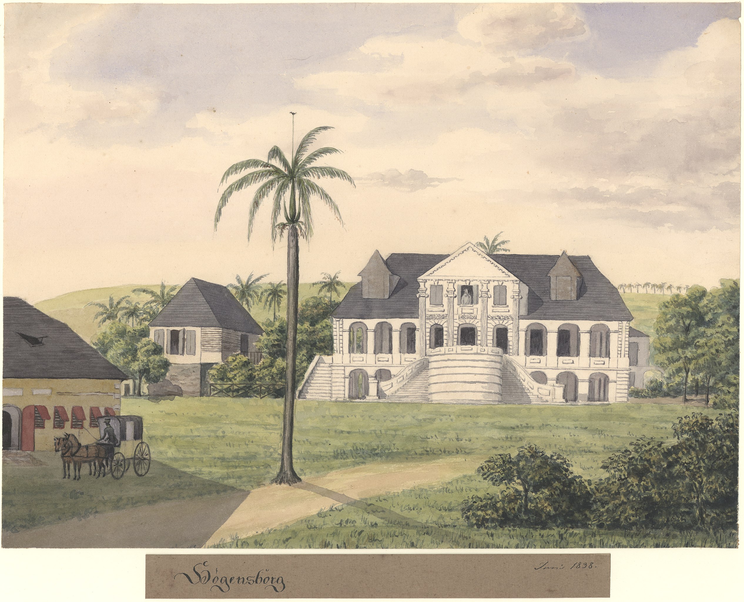 An image of the Hogensborg estate of the late 1700s, today located across from Sunny Isle Shopping Center on St. Croix. It was the residence of a prominent Danish family, known as the Sobotker. Hogensborg is a Danish name, meaning “City of the Hawk.” (Image courtesy Olasee Davis)