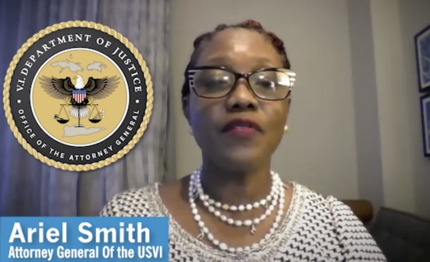 V.I. Attorney General Ariel Smith took to the airwaves on Friday to denounce what she called JPMorgan's attacks on the U.S. Virgin Islands. (Screenshot of video)