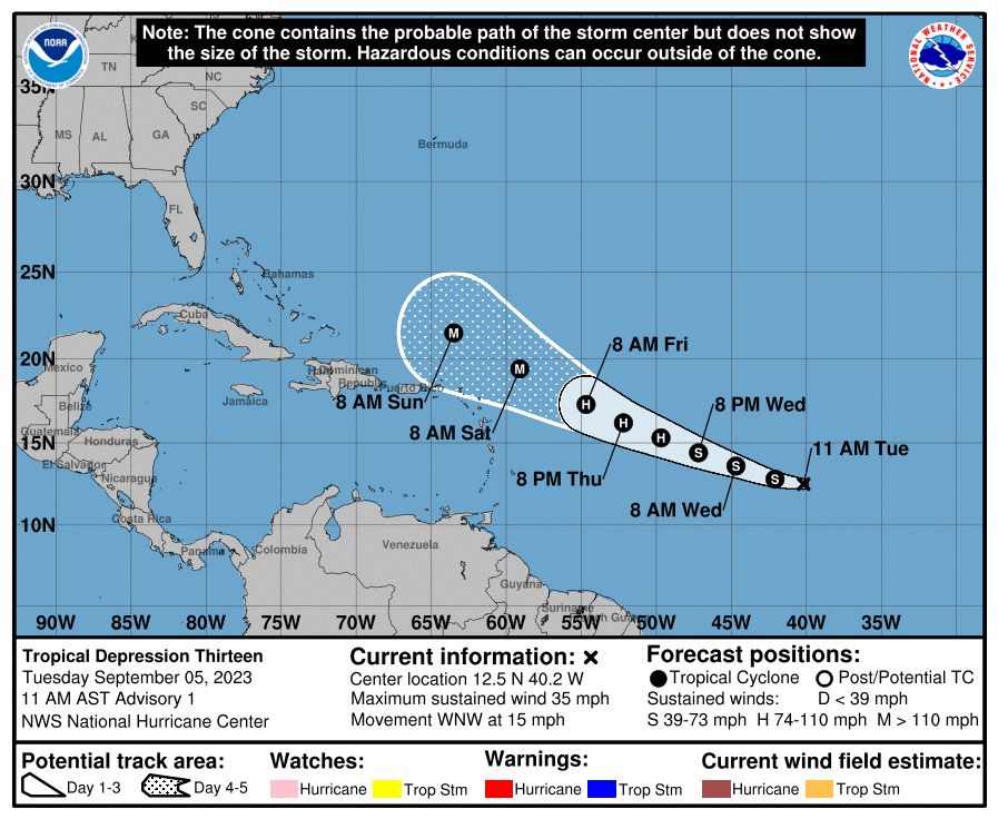The National Hurricane Center (NHC) is closely monitoring Tropical DepressionThirteen as it moves toward the Caribbean. (Photo courtesy NHC)