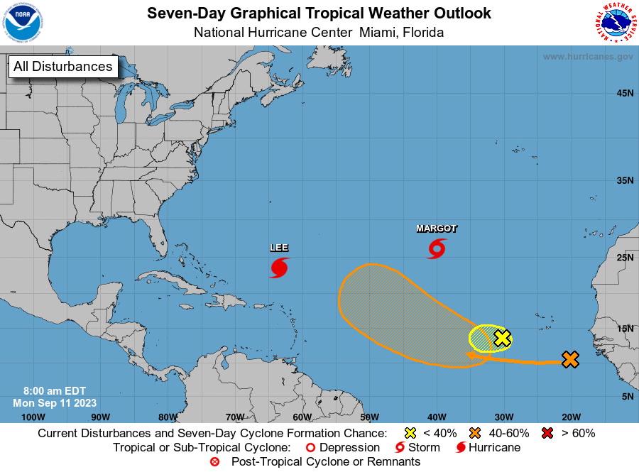 The National Hurricane Center is monitoring two systems off the west coast of Africa. Disturbance 1, yellow above, has only a 10 percent chance of formation through the next seven days. Disturbance 2, in orange, has a 60 percent chance of development, according to the NHC. (Graphic courtesy National Hurricane Center)