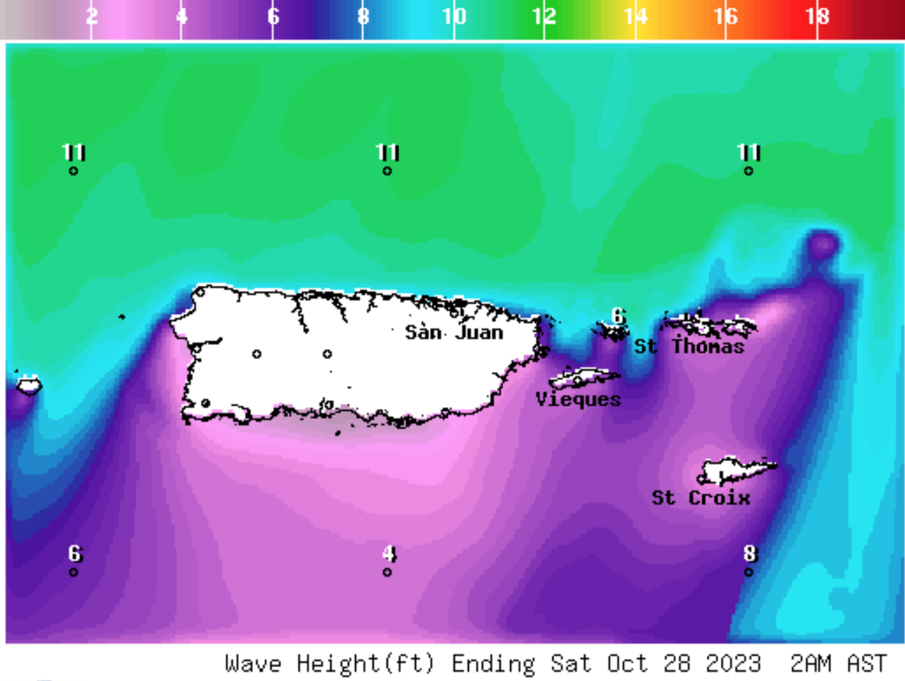 Wave height forecast for 2 a.m. AST on Saturday, Oct. 28, from the National Weather Service in San Juan, Puerto Rico. Marine weather alerts have been issued for areas of Puerto Rico and the USVI. (Image courtesy of National Weather Service, San Juan, PR official website.)