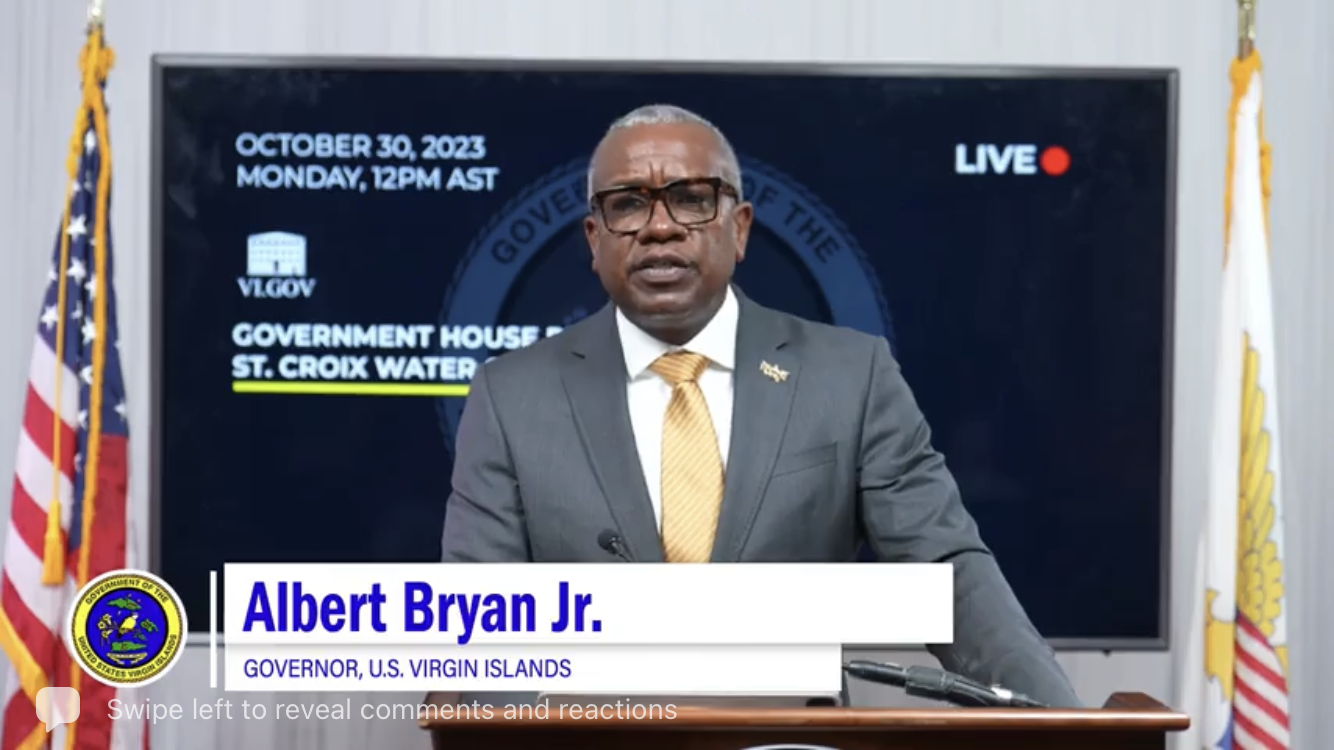 Gov. Albert Bryan Jr. declares a local state of emergency Monday as a first step in securing a national state of emergency designation to address contaminated water on St. Croix. (Screenshot from Facebook livestream)