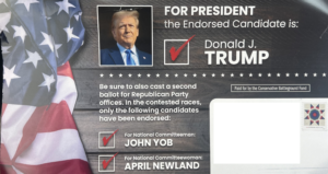 A mailer this week to V.I. GOP members, paid for by “the Conservative Battleground Fund,” endorses former President Donald Trump, and John Yob and Newland for national committeeman and committeewoman.