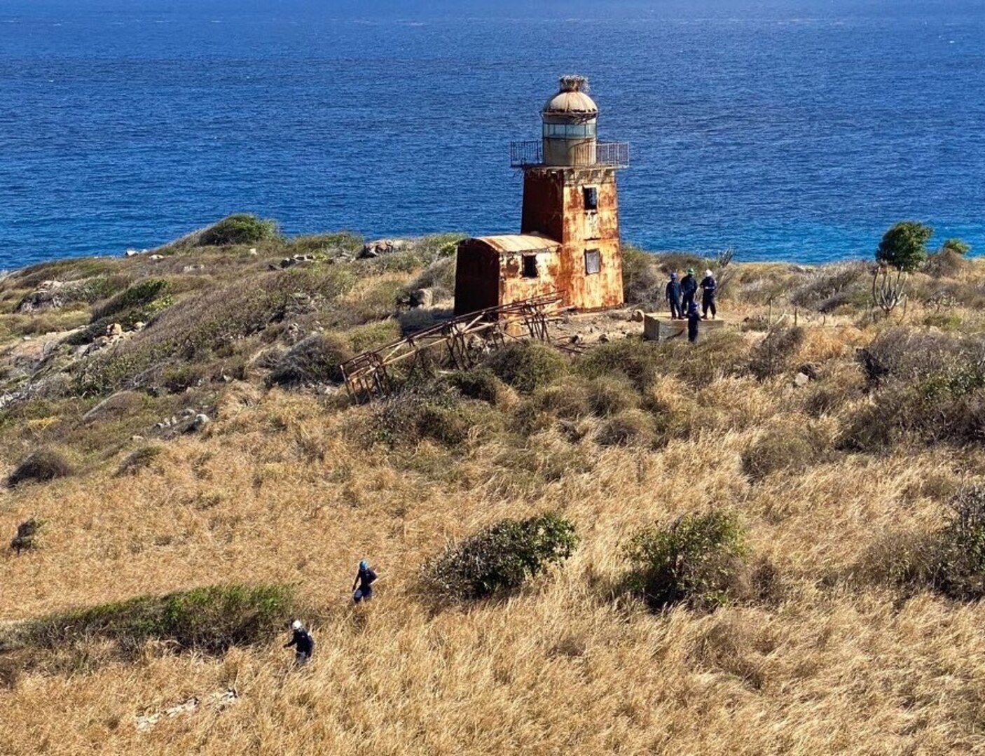 Members of the Coast Guard rebuild the Buck Island aid to navigation tower in 2023. (Photo courtesy Coast Guard)