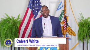 Calvert White, commissioner of the Sports, Parks and Recreation Department, provided details about the highly anticipated horse races scheduled to begin at 1 p.m. May 3. (Photo courtesy Government House of the V.I. Facebook)