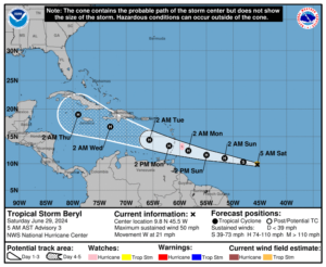 Tropical Storm Beryl update from the NHC as of 5 a.m. on Saturday. A hurricane watch is in effect for Barbados, with additional alerts likely to follow soon. (Photo courtesy NHC)