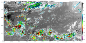 Infrared satellite imagery obtained at 5:55 p.m. on Saturday shows several tropical disturbances being monitored by the NWS. Hurricane Beryl is visible in the Atlantic Ocean, east of the Lesser Antilles. (Photo courtesy TropicalTidbits.com)